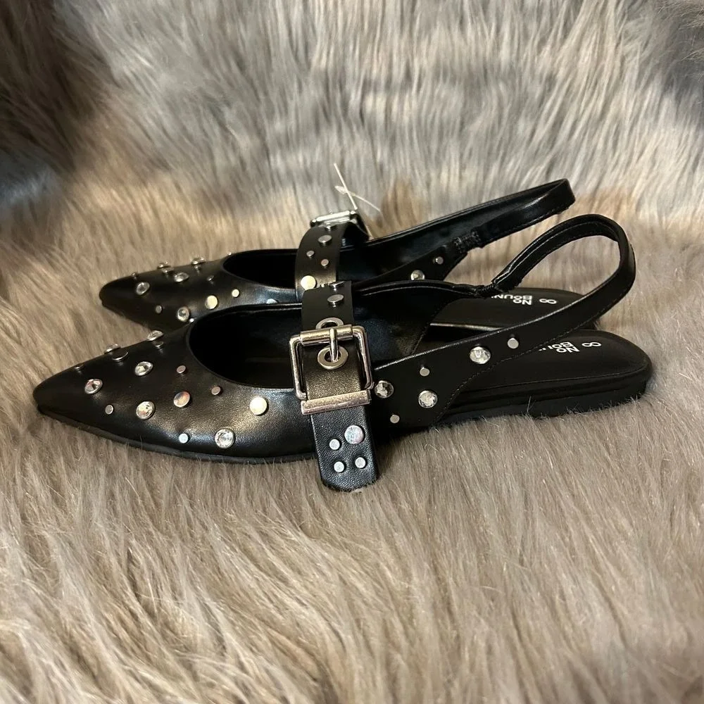 No Boundaries Studded Sling Back Flats Womens Size 8 Black Shoes Adjustable